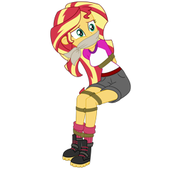 Size: 2500x2500 | Tagged: safe, artist:nie-martw-sie-o-mnie, imported from derpibooru, sunset shimmer, human, equestria girls, bondage, boots, bound and gagged, cloth gag, clothes, female, femsub, gag, my little pony equestria girls: legend of everfree, rope, rope bondage, shoes, simple background, sitting, solo, submissive, subset, transparent background