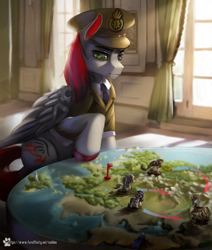 Size: 1694x2000 | Tagged: safe, artist:caddea, imported from derpibooru, oc, oc only, alicorn, changeling, griffon, pegasus, pony, amputee, artificial wings, augmented, cap, clothes, commission, hat, indoors, male, map, military uniform, prosthetic limb, prosthetic wing, prosthetics, solo, stallion, uniform, war, wings