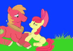 Size: 502x354 | Tagged: safe, artist:firekitty8, imported from derpibooru, apple bloom, big macintosh, earth pony, pony, big macintosh's yoke, brother and sister, crappy art, duo, female, filly, foal, grass, horse collar, male, not incest, not shipping, outdoors, sibling love, siblings, smiling, stallion