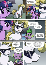 Size: 1204x1700 | Tagged: safe, artist:tarkron, imported from derpibooru, spike, twilight sparkle, oc, oc:cosmo cool, alicorn, dragon, pony, unicorn, comic:the royal sandal, comic, horn, open mouth, speech bubble, tongue out, twilight sparkle (alicorn)