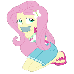 Size: 2000x2000 | Tagged: safe, artist:nie-martw-sie-o-mnie, imported from derpibooru, fluttershy, human, equestria girls, bondage, butterfly hairpin, clothes, cruise outfit, equestria girls specials, female, femsub, fluttersub, gag, kneeling, my little pony equestria girls: spring breakdown, sandals, shorts, simple background, solo, submissive, tape, tape bondage, tape gag, transparent background