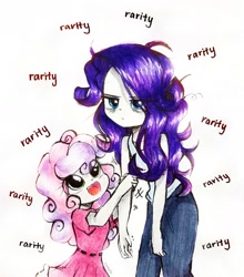 Size: 2044x2324 | Tagged: safe, artist:liaaqila, imported from derpibooru, rarity, sweetie belle, human, equestria girls, annoyed, annoying, belle sisters, duo, duo female, eye clipping through hair, female, frizzy hair, open mouth, pestering, rarity is not amused, siblings, simple background, sisters, tired, traditional art, unamused, white background