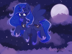 Size: 2732x2048 | Tagged: safe, artist:kuroartss, imported from derpibooru, princess luna, alicorn, pony, cloud, eyebrows, eyebrows visible through hair, female, flying, full moon, heart, heart eyes, hoof shoes, horn, mare, moon, night, night sky, open mouth, open smile, outdoors, peytral, ponytober, ponytober 2024, princess shoes, sky, smiling, solo, spread wings, stars, wingding eyes, wings