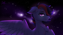 Size: 4000x2250 | Tagged: safe, artist:divori, imported from derpibooru, oc, oc only, oc:maxis, pegasus, chest fluff, ear fluff, green eyes, looking at you, nebula, pegasus oc, space, stars, two toned mane, wings