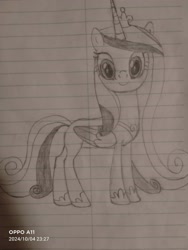 Size: 3000x4000 | Tagged: artist needed, source needed, safe, imported from derpibooru, princess cadance, alicorn, pony, female, folded wings, hoof shoes, horn, jewelry, lined paper, looking at you, mare, princess shoes, regalia, smiling, solo, tail, traditional art, wings