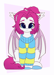 Size: 2216x3072 | Tagged: safe, artist:keupoz, imported from derpibooru, oc, oc only, oc:lerk, bat pony, abstract background, bat pony oc, bat wings, clothes, commission, looking at you, partially open wings, passepartout, sitting, wings