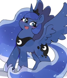 Size: 1633x1917 | Tagged: safe, artist:leo19969525, imported from derpibooru, princess luna, alicorn, pony, :d, cute, ethereal mane, female, lunabetes, mare, open mouth, open smile, simple background, smiling, solo, spread wings, starry mane, starry tail, tail, white background, wings