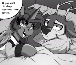 Size: 1750x1500 | Tagged: safe, artist:shadowreindeer, imported from derpibooru, princess luna, oc, oc:kevin reindeer, android, robot, bedroom, connor, detroit: become human, duo, fangs, grayscale, meme, monochrome, rk900