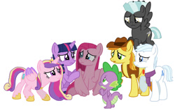 Size: 1126x710 | Tagged: safe, artist:diana173076, imported from derpibooru, braeburn, double diamond, pinkie pie, princess cadance, spike, thunderlane, twilight sparkle, alicorn, dragon, pegasus, pony, the last problem, alternate mane six, alternate universe, pegasus pinkie pie, pinkamena diane pie, race swap, simple background, white background