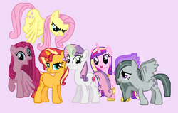 Size: 892x568 | Tagged: safe, artist:diana173076, imported from derpibooru, fluttershy, marble pie, pinkie pie, princess cadance, sunset shimmer, sweetie belle, alicorn, pegasus, pony, alicornified, alternate mane six, alternate universe, older, older sweetie belle, pegasus pinkie pie, pink background, pinkamena diane pie, race swap, simple background