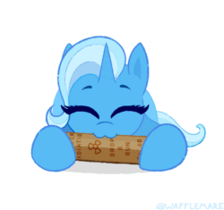 Size: 550x518 | Tagged: safe, artist:waffletheheadmare, imported from derpibooru, trixie, pony, unicorn, :3, animated, chewing, eating, eyes closed, funny, gif, horn, radiation, simple background, solo, this will end in death, too dumb to live