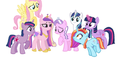 Size: 1293x656 | Tagged: safe, artist:diana173076, imported from derpibooru, diamond tiara, fluttershy, princess cadance, sassy saddles, shining armor, twilight sparkle, alicorn, pegasus, pony, alternate mane six, alternate universe, dusk shine, older, older diamond tiara, rule 63, simple background, twilight sparkle (alicorn), white background