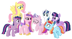 Size: 1253x676 | Tagged: safe, artist:diana173076, imported from derpibooru, diamond tiara, fluttershy, princess cadance, sassy saddles, shining armor, twilight sparkle, alicorn, pegasus, pony, alternate mane six, alternate universe, dusk shine, older, older diamond tiara, rule 63, simple background, twilight sparkle (alicorn), white background