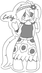 Size: 500x852 | Tagged: safe, artist:castafae, imported from derpibooru, oc, oc only, oc:ceiling fan, satyr, bags under eyes, belly, belly button, blushing, bracelet, clothes, female, hairband, hand behind back, jewelry, messy hair, monochrome, parent:oc:floor bored, pigtails, ribbon, skirt, solo, swimsuit, tanktop, waving