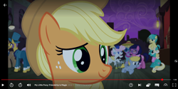 Size: 1080x538 | Tagged: safe, imported from derpibooru, screencap, applejack, art vandelhay, barbara banter, cloudy daze, corn pops, curtain call, honey curls, mare e. lynn, maybelline, pearly stitch, sandbar, uptown clover, pegasus, pony, made in manehattan, season 5, applejack's hat, background pony, butt, clothes, cowboy hat, female, filly, foal, hat, implied sandbar, male, manehattan, pants, reddit, sunglasses, top hat, unnamed character, unnamed pony, youtube