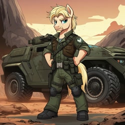 Size: 1024x1024 | Tagged: safe, imported from derpibooru, jeff letrotski, anthro, earth pony, plantigrade anthro, afv, ai content, ai generated, clothes, clutch, cosplay, costume, g.i. joe, generator:google imagen 3.0, hand on hip, jeep, military uniform, outdoors, prompter:zerowinger, smiling, solo, uniform