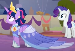 Size: 995x671 | Tagged: safe, imported from derpibooru, screencap, rarity, twilight sparkle, alicorn, pony, unicorn, the last problem, alternate hairstyle, banner, bush, canterlot, clothes, coronation dress, cropped, crown, dress, duo, duo female, elegant, evening, female, gown, horn, indoors, jewelry, outdoors, regal, regalia, second coronation dress, stash, table, twilight sparkle (alicorn)