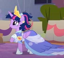 Size: 874x789 | Tagged: safe, imported from derpibooru, screencap, twilight sparkle, alicorn, pony, the last problem, banner, bush, canterlot, clothes, coronation dress, cropped, crown, crying, dress, elegant, evening, female, gown, hoof on chest, indoors, jewelry, messy mane, regal, regalia, second coronation dress, solo, table, tears of joy, twilight sparkle (alicorn)