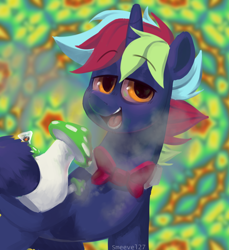 Size: 1832x2000 | Tagged: safe, artist:smeevel27, imported from derpibooru, oc, oc only, oc:marigold fields, pony, unicorn, abstract background, bong, bowtie, drug use, drugs, high, horn, male, marijuana, mushroom, necktie, red eyes, solo, stallion, trans male, transgender