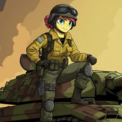 Size: 1024x1024 | Tagged: safe, imported from derpibooru, torque wrench, anthro, earth pony, plantigrade anthro, ai content, ai generated, clothes, cosplay, costume, female, g.i. joe, generator:google imagen 3.0, helmet, military uniform, outdoors, prompter:zerowinger, smiling, solo, steeler, tank (vehicle), uniform