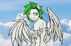 Size: 1194x775 | Tagged: safe, artist:m37, imported from derpibooru, oc, oc only, anthro, pegasus, pony, anthro oc, outdoors, pegasus oc, solo, wings