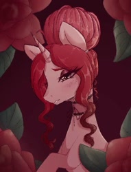 Size: 824x1076 | Tagged: safe, artist:fluffymaiden, imported from derpibooru, oc, oc:velvet rose, pony, unicorn, bust, female, flower, horn, mare, portrait, solo