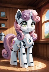 Size: 800x1169 | Tagged: safe, imported from derpibooru, sweetie belle, pony, robot, robot pony, unicorn, :3, ai content, ai generated, female, filly, foal, generator:pony diffusion v6 xl, generator:stable diffusion, gynoid, horn, indoors, prompter:gregorymars, roboticization, solo, sweetie bot