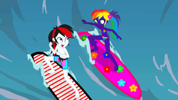 Size: 3500x1968 | Tagged: safe, artist:star-armour95, imported from derpibooru, oc, oc only, oc:rainbow flower, oc:red arrow, human, equestria girls, clothes, duo, female, male, ocean, recolor, surfboard, surfing, swimsuit, water, wave