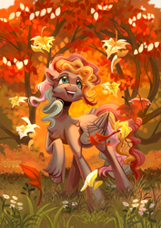 Size: 2480x3507 | Tagged: safe, artist:teaflower300, imported from derpibooru, oc, oc only, pegasus, pony, autumn, chest fluff, commission, female, leaves, mare, solo, tree, unshorn fetlocks, ych result