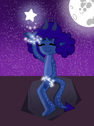 Size: 768x1024 | Tagged: safe, artist:lnx1ynight16, imported from derpibooru, oc, oc only, oc:bintang, original species, ^^, arm band, curly hair, dragon lands, elf ears, eyes closed, horns, land overlander, message, moon, night, outdoors, overlander, rock, smiling, stars