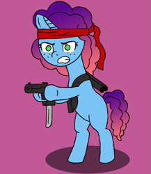 Size: 2177x2503 | Tagged: safe, artist:moistlimit, imported from derpibooru, pony, unicorn, bipedal, female, friday night food fight, g5, gun, headband, horn, mare, misty brightdawn, my little pony: tell your tale, rambo, rebirth misty, solo, weapon