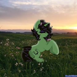 Size: 1000x1000 | Tagged: safe, artist:lunarglaze, imported from derpibooru, oc, oc only, oc:dolores, pony, unicorn, butt, eyeshadow, flower, flower in hair, glade, horn, makeup, outdoors, plot, solo, sunset