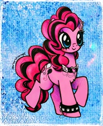 Size: 1674x2048 | Tagged: safe, artist:dariarchangel, imported from derpibooru, pinkie pie, earth pony, pony, adorable face, alternate cutie mark, alternate hair color, alternate mane color, alternate tail color, beads, big eyes, blue eyes, blushing, c:, choker, curly hair, curly mane, curly tail, cute, cute face, cute smile, diapinkes, dyed hair, dyed mane, dyed tail, ear piercing, earring, emo, female, glittery cutie mark, gothic pinkie, heart, heart earring, jewelry, looking forward, mascara, pendant, piercing, pink coat, pink hair, pink mane, pink tail, pinkie pie's boutique, ponk, punk, punkie pie, raised hoof, smiling, solo, standing, standing on two hooves, tail, thick eyelashes, toy interpretation, traditional art, two toned hair, two toned mane, two toned tail, wings