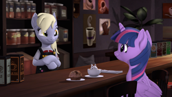 Size: 3840x2160 | Tagged: safe, artist:owlpirate, imported from derpibooru, derpy hooves, twilight sparkle, alicorn, pegasus, pony, 3d, 4k, barista, cafe, coffee, coffee cup, cup, cute, derpabetes, duo, duo female, female, food, high res, indoors, latte, looking at each other, looking at someone, mare, muffin, smiling, smiling at each other, source filmmaker, twiabetes, twilight sparkle (alicorn)