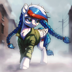 Size: 1536x1535 | Tagged: safe, imported from derpibooru, oc, oc only, oc:marussia, pegasus, pony, ai assisted, ai content, ai generated, female, generator:pony diffusion v6 xl, generator:stable diffusion, mare, nation ponies, outdoors, ponified, prompter:s3rious, russia, silent hill, silent hill 2, solo, wings