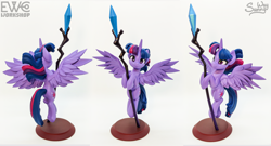 Size: 2000x1077 | Tagged: safe, artist:ewc workshop, artist:sunny way, imported from derpibooru, twilight sparkle, alicorn, my little pony: the movie, 3d print, craft, ewc workshop, figurine, flying, horn, irl, painting, photo, sculpture, shiny, solo, spread wings, staff, staff of sacanas, statue, stick, twilight sparkle (alicorn), wings