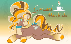 Size: 1625x1012 | Tagged: safe, artist:susfully_inspired, imported from derpibooru, oc, oc only, oc:caramel.m, earth pony, pony, bowtie, coffee, coffee mug, earth pony oc, gradient background, lying down, mug, necktie, ponytail, pose, solo