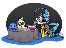 Size: 1920x1400 | Tagged: safe, artist:mafon, imported from derpibooru, spike, oc, oc:pomel d'terre, earth pony, pony, clothes, costume, halloween, halloween costume, holiday, potion