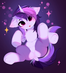 Size: 3366x3686 | Tagged: safe, alternate version, artist:empress-twilight, imported from derpibooru, oc, oc only, oc:dreaming bell, pony, unicorn, :p, belly, belly button, butt, cheek fluff, chest fluff, commission, dock, ear fluff, featureless crotch, female, heart butt, horn, looking at you, mare, plot, smiling, smiling at you, solo, sparkles, spread legs, spreading, tail, tongue out, two toned coat, unicorn oc, ych result