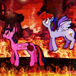 Size: 1440x1440 | Tagged: safe, artist:vemrill, imported from derpibooru, rainbow dash, twilight sparkle, alicorn, pegasus, pony, burning, duo, duo female, female, fire, mare, outdoors, side view, twilight sparkle (alicorn), walking