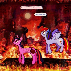 Size: 1440x1440 | Tagged: safe, artist:vemrill, imported from derpibooru, rainbow dash, twilight sparkle, alicorn, pegasus, pony, burning, dialogue, duo, duo female, english, female, fire, mare, outdoors, side view, talking, text, twilight sparkle (alicorn), walking