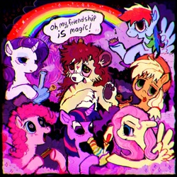 Size: 1440x1440 | Tagged: safe, artist:vemrill, imported from derpibooru, applejack, fluttershy, pinkie pie, rainbow dash, rarity, twilight sparkle, earth pony, pegasus, pony, unicorn, apple high, bong, drugs, female, flutterhigh, furry, high, highlight sparkle, horn, mane six, mare, marijuana, pinkie high, rainbow, rainbow high, rarijuana