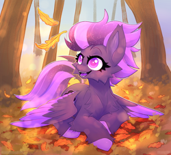 Size: 1288x1172 | Tagged: safe, artist:dannyfeelsgood, imported from derpibooru, oc, oc only, oc:shadow galaxy, pegasus, pony, autumn, autumn leaves, blushing, cheek fluff, chest fluff, commission, cute, ear fluff, ethereal mane, fangs, female, fluffy, forest, hooves, leaf, leaves, lying down, mare, nature, open mouth, smiling, solo, starry mane, starry tail, tail, tree, unshorn fetlocks, ych result