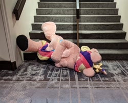 Size: 2048x1643 | Tagged: safe, artist:qtpony, artist:zizzydizzymc, imported from derpibooru, princess cadance, family guy death pose, female, fursuit, indoors, irl, on ground, photo, ponysuit, solo, stairs