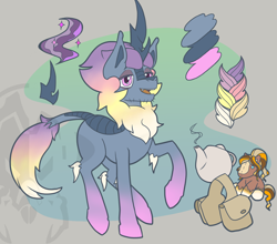 Size: 1298x1144 | Tagged: safe, artist:susfully_inspired, imported from derpibooru, oc, oc only, kirin, bag, bags under eyes, gradient background, gradient mane, horn, kirin oc, lgbt, magic, plushie, reference sheet, solo, teapot