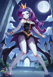 Size: 2496x3648 | Tagged: safe, imported from derpibooru, rarity, human, equestria girls, ai content, ai generated, black dress, castle, clothes, crown, dress, feet, female, generator:civitai, jewelry, looking at you, moon, night, outdoors, prompter:trux23, regalia, solo, solo female