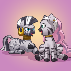 Size: 3000x3000 | Tagged: safe, artist:hexecat, imported from derpibooru, zecora, zebra, collar, commission, commissioner:dragonpone, crossed hooves, duo, duo female, ear piercing, earring, female, g5, generational ponidox, gradient background, jewelry, looking at each other, looking at someone, lying down, mare, mariama, neck rings, open mouth, open smile, piercing, prone, signature, sitting, smiling, smiling at each other, tail