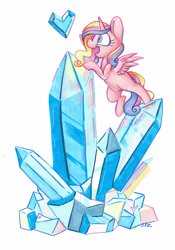 Size: 2293x3276 | Tagged: safe, artist:cutepencilcase, imported from derpibooru, princess cadance, alicorn, pony, climbing, copic, crystal, crystal heart, cute, cutedance, female, mare, simple background, solo, traditional art, white background