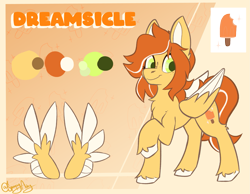 Size: 1851x1440 | Tagged: safe, artist:spoopy-abby, imported from derpibooru, oc, oc only, oc:dreamsicle, oc:dreamsicle daydream, pegasus, pony, chest fluff, gradient background, reference sheet, signature, solo, unshorn fetlocks