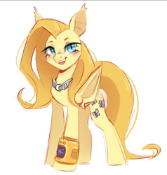 Size: 1023x1074 | Tagged: safe, artist:melodylibris, imported from derpibooru, oc, oc only, oc:psychoshy, bat pony, pony, fallout equestria, bat ponified, blushing, female, jewelry, looking at you, mare, necklace, open mouth, open smile, pipbuck, race swap, simple background, smiling, smiling at you, solo, white background